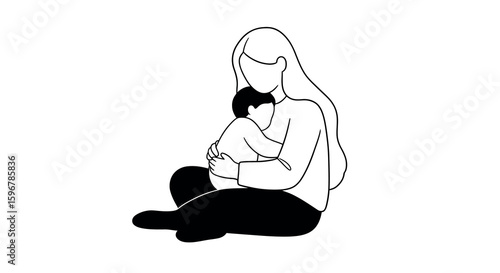 Minimalist mother and child silhouette in black and white embrace