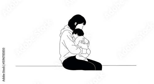 Minimalist outline of mother holding child in comforting embrace on white background