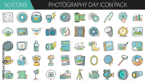 Photography Day icon set with 50 camera-related illustrations - Vector pack of 50 icons celebrating Photography Day, featuring cameras, lenses, drones, tripods, editing tools, and photo symbols.