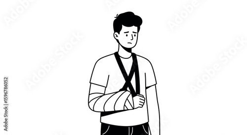 Monochrome illustration of a man with a broken arm in sling expression concern