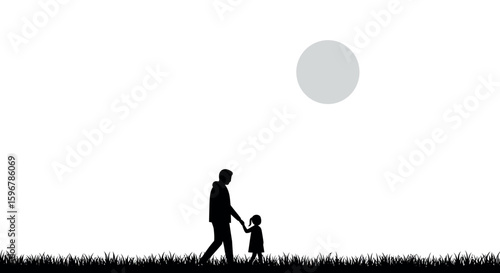 Silhouette of father and child walking at sunset with grass and sun in background