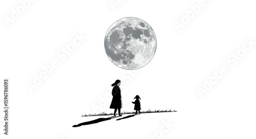 Silhouette of mother and child gazing at full moon in night sky scene