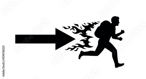 Silhouette of person running with flames and arrow symbolizing speed and determination