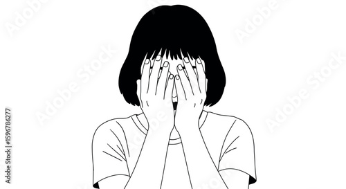 Monochrome line art depicting person covering face with hands in black and white