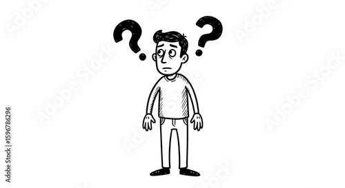 Confused man with question marks in sketch style on white background