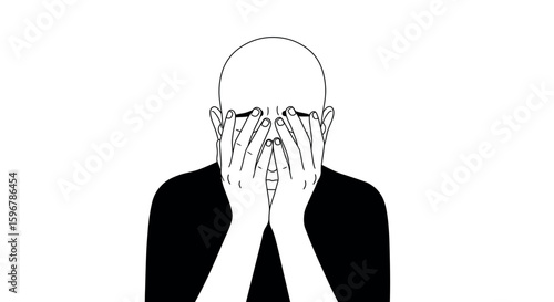 Minimalist line art of person covering face in monochrome style