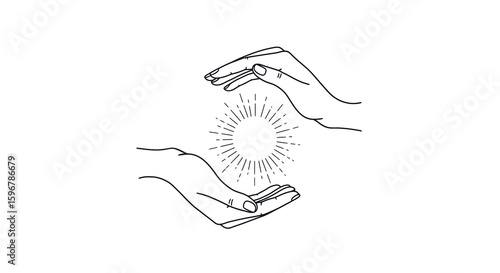 Hands holding light with radiant sun in minimalist line art style