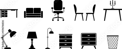Office and home furniture icons desk couch
