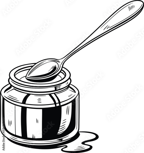 Vector art of a vintage jar of honey with a spoon resting on top isolated on white background