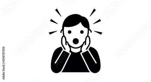 Silhouette of surprised face with hands on cheeks and exclamation marks
