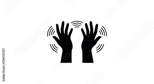Silhouette of raised hands with sound waves on white background