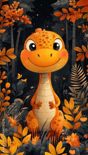 Adorable Orange Dinosaur in Autumn Forest