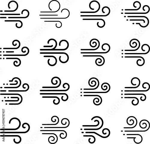 Swirling wind icons with varying intensity and flow weather movement