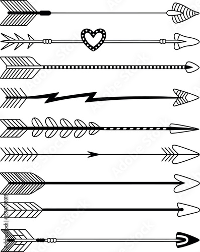 Collection of black and white stylized arrows with varied fletching and arrowheads graphic illustration