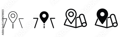 Multiple map pin icons showing location and navigation, different styles of route and roadmap symbols for destination point, travel guide and GPS marker