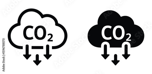 Carbon dioxide emissions shown with cloud icon and downward arrows in white and black