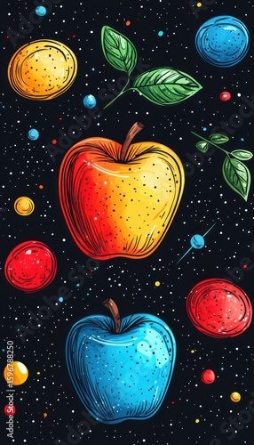 Cosmic Apples: A vibrant illustration of two apples floating in space, surrounded by planets and stars.  A captivating blend of fruit and cosmos.