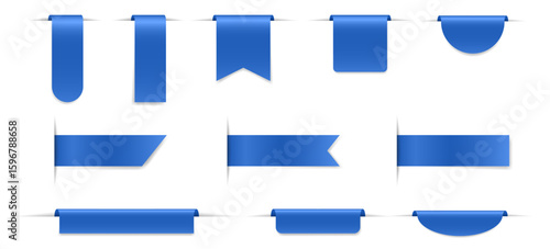 Set of blue bookmarks with shadows. Bent paper strips for marking pages. Long and short labels