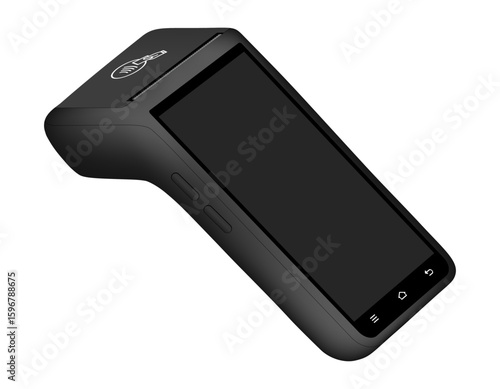 POS Terminal with black screen. Mockup of a black wireless terminal. Payment machine. Mobile payment. Credit cards are accepted here. Payments device. Banking equipment