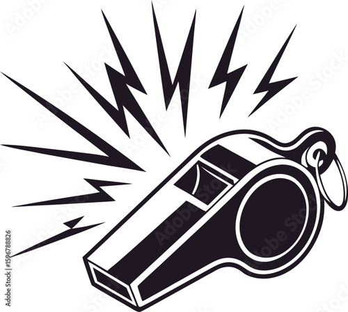 Vector art of a black and white illustration of a whistle blowing loudly with sharp sound waves
