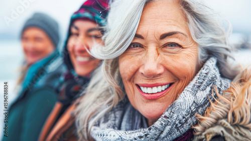 Senior woman with gray hair smiling joyfully in a winter setting with friends in the background