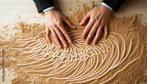 Hands Shaping Organic Grain Pattern On Wooden Surface
