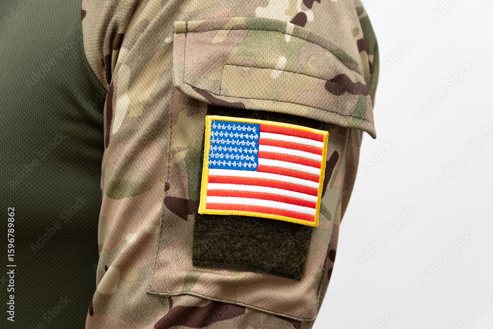 Obraz premium Military uniform with the flag of the United States of America on a white background.