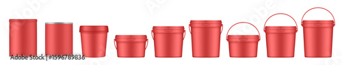 Red buckets and tin jars. Mockup of plastic buckets with handle and lid. Small, medium and large sizes. Tin can