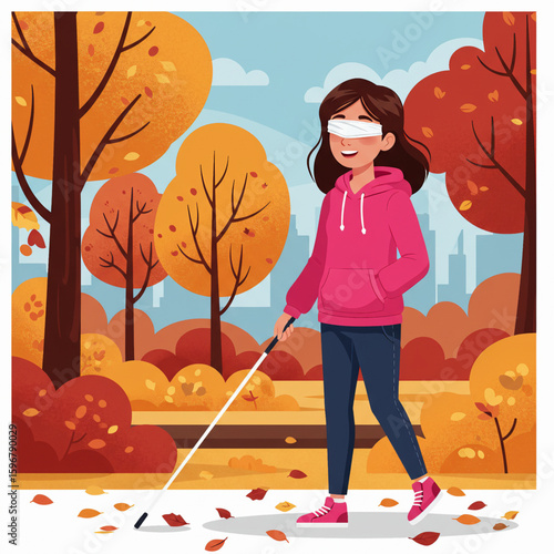 Vector illustration of blind woman walking in autumn park