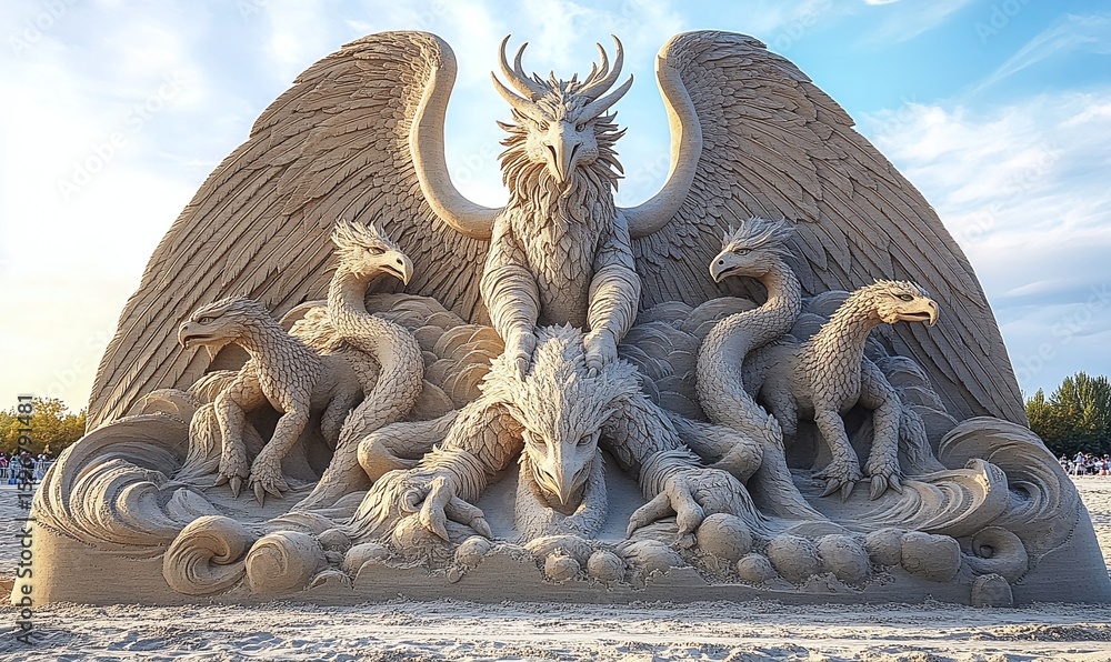 Fototapeta premium Intricate Sand Sculpture Dragon with Young Ones on Shore