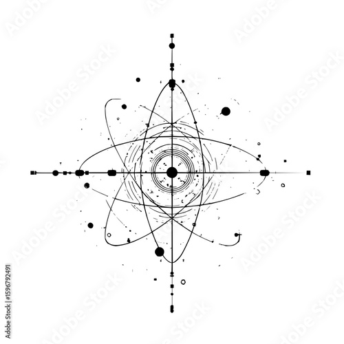 Intersecting lines with small circles along their lengths forming a v shape on a white background