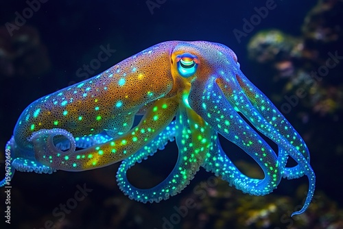 Marine Cephalopod Glowing in Deep Ocean Water