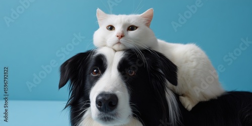 a happy cat and dog 
cute pets come to the camera