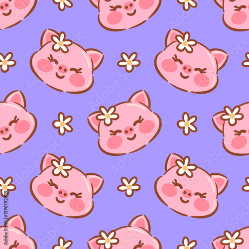 A delightful seamless kawaii pattern featuring cute piglets, surrounded by playful elements like flowers, perfect for cheerful and whimsical designs.