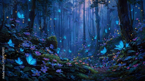 Abstract blue grunge background with bubbles and natural elements like trees, water, leaves, and sunlight