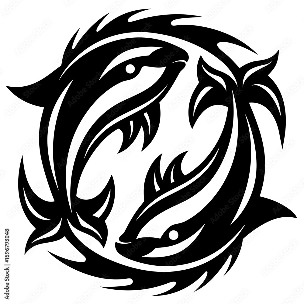 Obraz premium Symmetrical Tribal Fish Circle Symbol Illustration