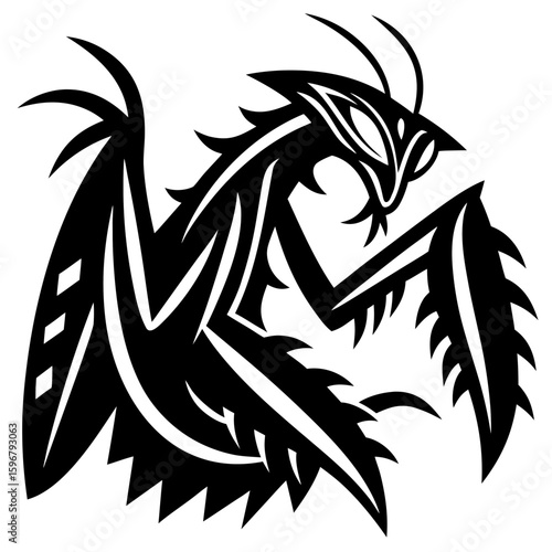 Stylized Praying Mantis Illustration with Sharp Edges in Attack Posture
