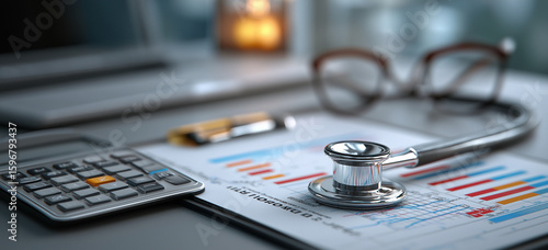 A stethoscope on a financial report with calculator and glasses nearby
