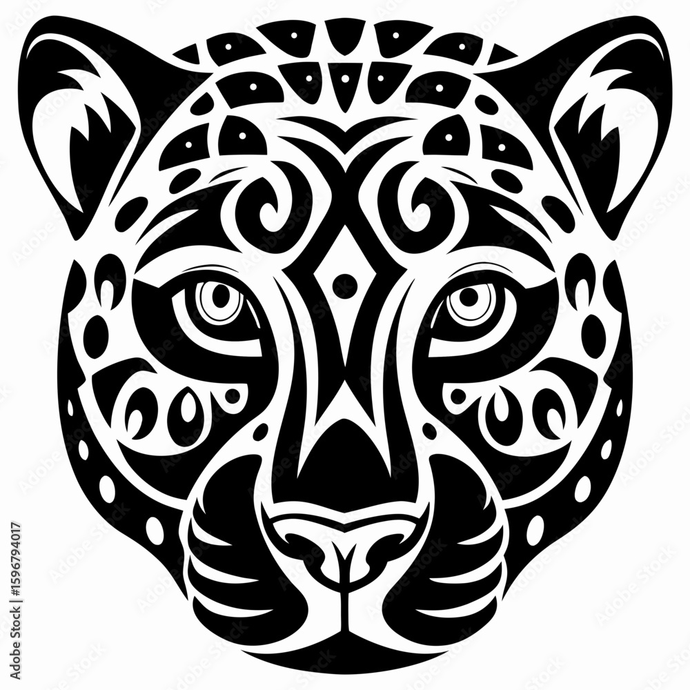Fototapeta premium Stylized Jaguar Head Illustration with Tribal Aztec-Inspired Design Elements