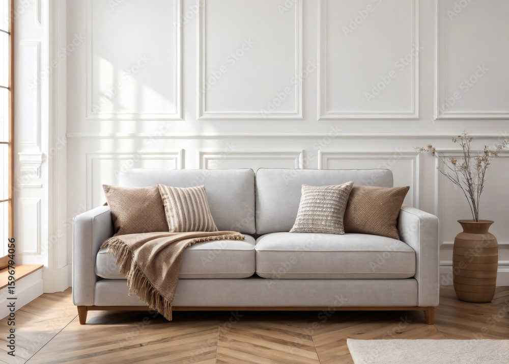 Fototapeta premium Light grey sofa with textured pillows and blanket couch