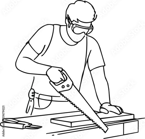 Line art of a continuous single-line drawing shows a male craftsman wearing a tool belt and protective goggles, using a handsaw to cut through a wooden board on a workbench. The minimalist black line