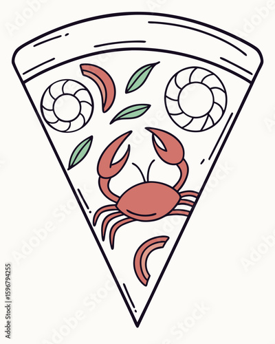 Slice of pizza with crab and green leaves seafood food