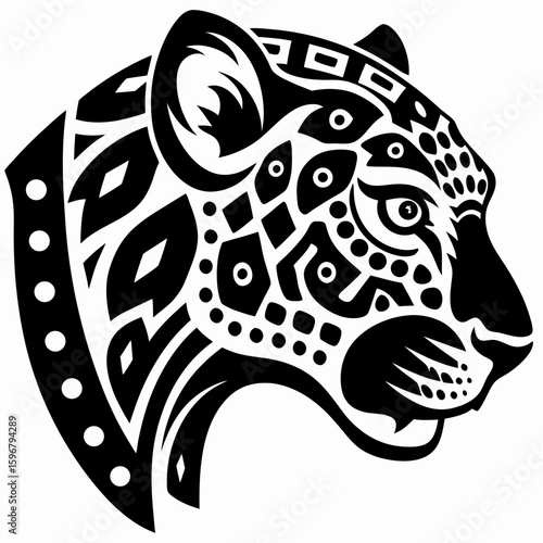 Stylized Jaguar Head Design with Ancient Aztec Geometric Patterns and Tribal Art