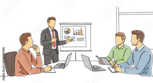 Confident Businessman Giving Presentation Symbolizing Corporate Planning and Team Leadership — one line doodle drawing with watercolor fill, minimalistic vector illustration on white background