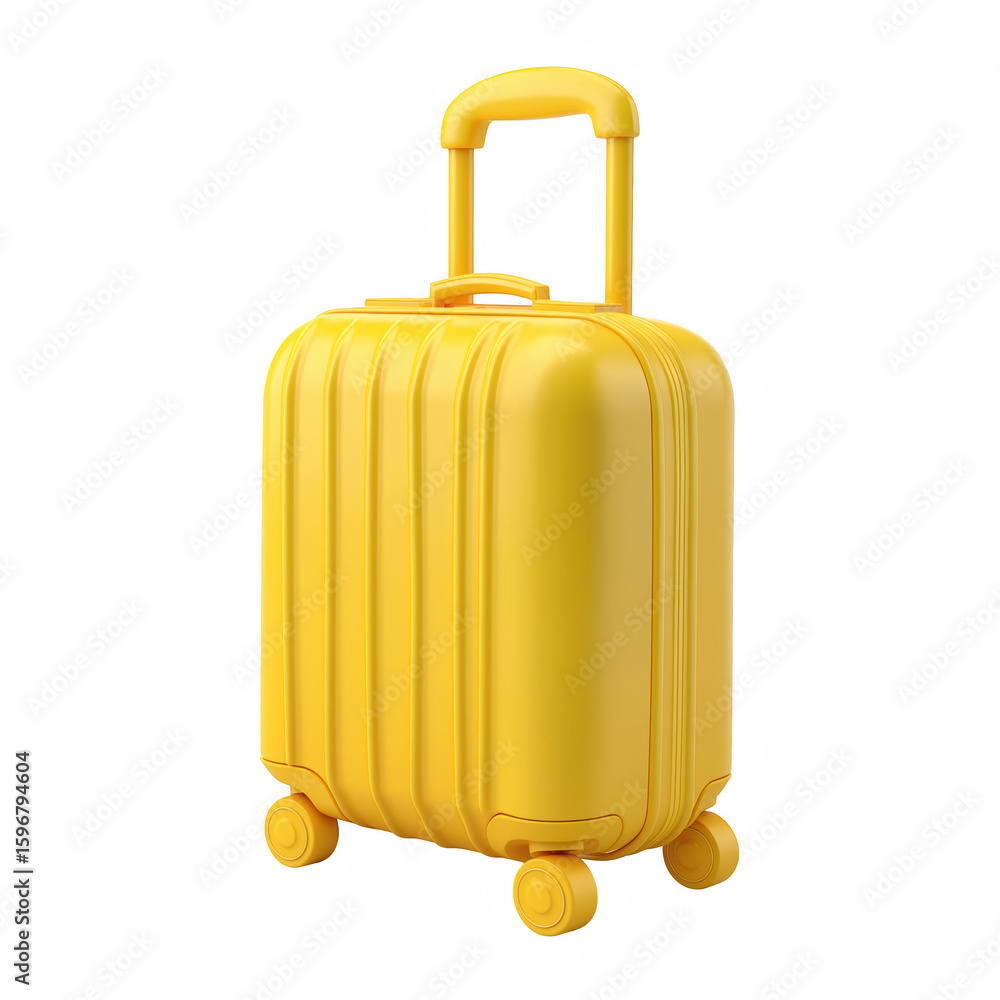 Chubby yellow suitcase with wheels and handle in cartoon 3D style, isolated on white background. Chubby yellow suitcase with wheels and handle in cartoon 3D style, isolated on white background.