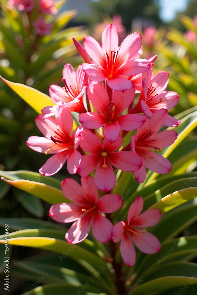 Fototapeta premium Vibrant Cluster of Pink Oleander Flowers with Tropical Green Foliage in Sunlight