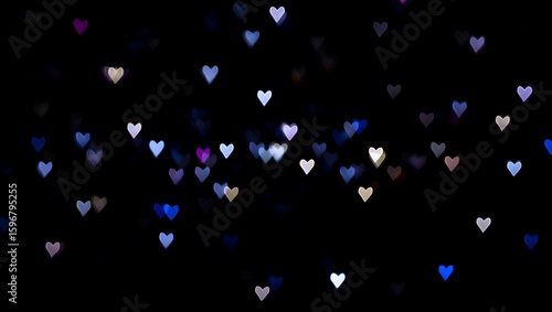 Heart-shaped bokeh lights in a dark space create a romantic and festive atmosphere, perfect for Valentine's Day, weddings, or any celebration of love and connection