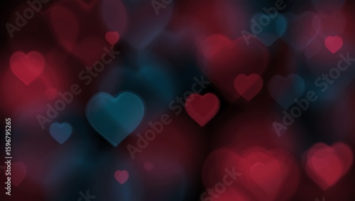 Romantic Heart Bokeh Background with Red and Blue Hues, Perfect for Valentine's Day Designs or Anniversary Greetings, Creating a Warm and Loving Atmosphere