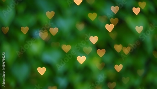 Heart-shaped bokeh lights on a green foliage background create a romantic and festive atmosphere, perfect for Valentine's Day or special occasions, adding warmth and charm.