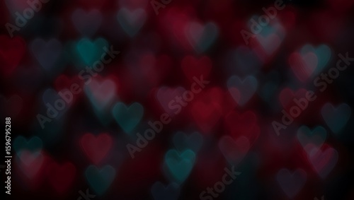 Defocused hearts of red and turquoise create a romantic bokeh effect, perfect for Valentine's Day or anniversary celebrations with a touch of modern love and blurred emotion